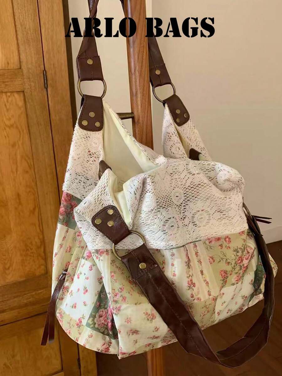 Floral Plaid Pattern Lace Patchwork Decor Soft Tote Bag, Relaxed Silhouette, Mori Style, Suitable For Campus, Outings, Shopping, Travel, Artistic Vibe, Large Capacity Shoulder Bag - Green - View 1