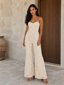 Dancing Leopard White Lace Sweetheart Flare Leg Jumpsuit, Summer Outfits For Women, Vacation Wear - White - View 1