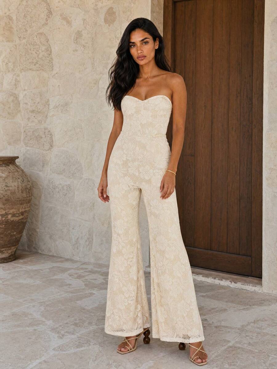 Dancing Leopard White Lace Sweetheart Flare Leg Jumpsuit, Summer Outfits For Women, Vacation Wear - White - View 1