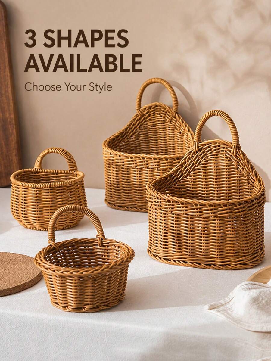 1pc Woven Rattan-Style Hanging Storage Basket With Handle, Wall-Mounted Organizer For Bathroom, Bedroom, Entryway & Office, Rustic Boho Wicker Basket For Toiletries, Accessories, Stationery & Home Decor,Room Decor,Back To School,Autumn Home Decor - Multicolor - View 1