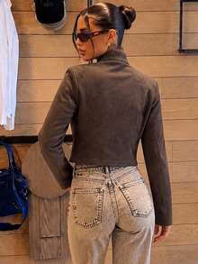 Women's Autumn/Winter Brown Faux Suede Short Motorcycle Jacket, Stand Collar Zipper For Daily Wear, Back To School Halloween And Christmas Outfits - Coffee Brown - View 3