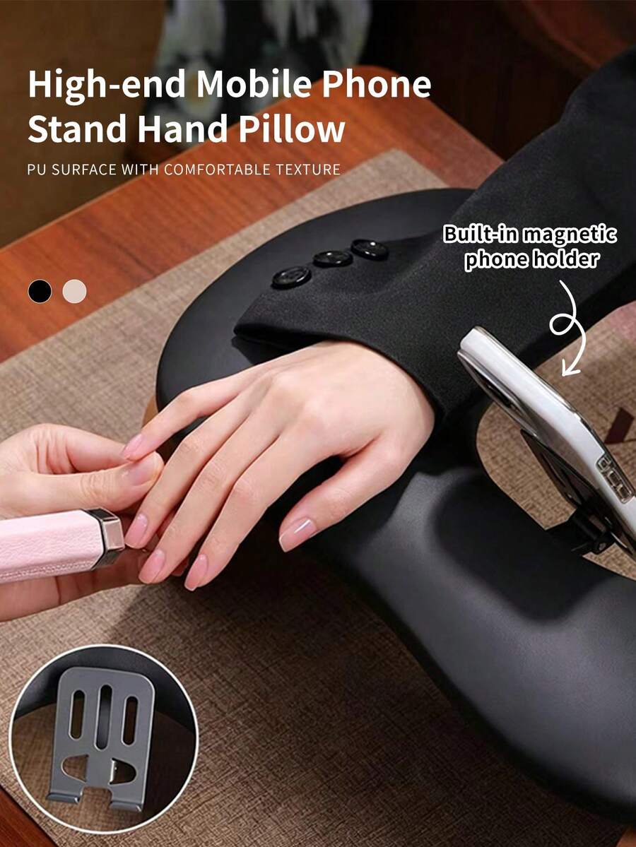 annies Black Nail Art Hand Rest Pillow With Built‑In Magnetic Phone Holder PU Surface Arm Rest Cushion For Manicure Salon Use