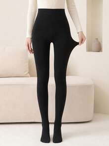 1pc Women's Black Opaque Stirrup Tights, Elastic Velvet Non-See-Through Pantyhose, Suitable For Preppy Style, Casual Wear And Daily Outfits - Black - View 2