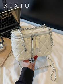 Dedoo Fashionable Diagonal Shoulder Chain Bag, Structured Square Box Bag, Rhinestone Embellished Shiny Quilted Bag For Women - White - View 14