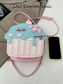 Shoulder Bag, Cupcake 3D Shape Polka Dot Print Bow Accessory Heart Patch Letter Embroidery Cream Drip Design Chain Splicing Adjustable Crossbody Strap Flap Snap Closure Lolita Style Cartoon Asymmetrical Shape Bag Sweet Girl Fun Small Bag - Pink - View 3