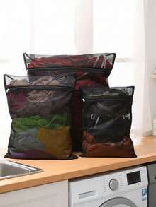 1/3/6pcs Black Mesh Laundry Bag Machine Washing Clothes Storage Bag Underwear Bra Delicates Protection Zipper Closure Household Cleaning Essential Organize - Multicolor - View 8