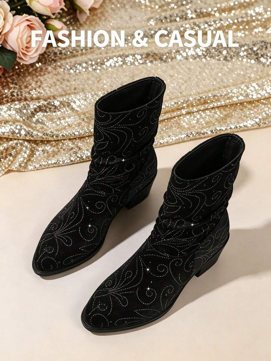 Women's Rhinestone Floral Pointed Toe Chunky Heel Ankle Boots, Vintage Western Cowboy Style Ruched Boots, Autumn/Winter Street Fashion Boots - Black - View 1