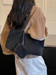 1件高級布料肩背包，大容量通勤工作購物托特包，極簡百搭女款手提包 - 黑色 - 查看 4