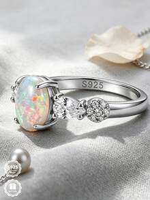 1 buah cincin opal sintetis oval perak sterling S925, cocok untuk pemakaian sehari-hari dan hadiah ulang tahun, dilengkapi dengan kotak hadiah. - Perak - View 3