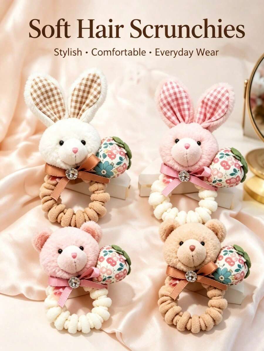 1 Set Plush Hair Scrunchie, Cute Rabbit Bear Animal Shaped Soft Fabric Hair Tie, Elastic Ponytail Hair Tie, Cartoon Style Suitable For Women And Girls