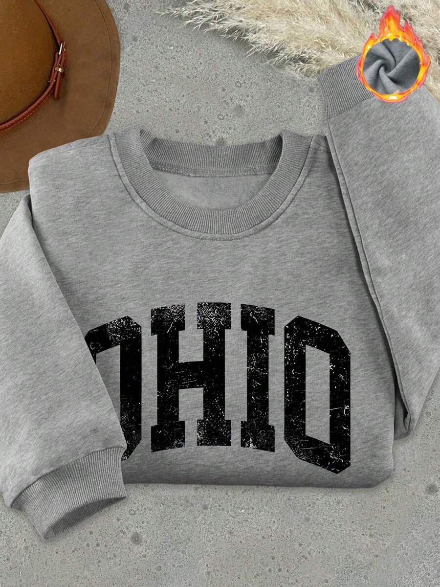 Es Trus Plus Sweatshirt Wanita Retro Motif "Huruf OHIO" Musim Gugur/Dingin, Nyaman untuk Berpergian, Gaya Y2k, Abu-abu, Ukuran Besar, Leher Bulat - Grey - View 1