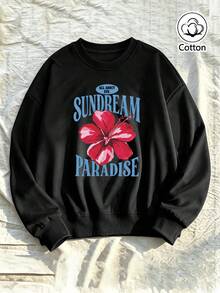 Black Loose-Fit Crew Neck Sweatshirt With Red Floral Print & Blue 'SUNDREAM PARADISE' Lettering, Street Style Pullover For Young Adults, - Black - View 1