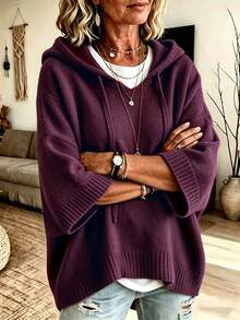 Women's Solid Color Drop Shoulder Drawstring Hooded Loose Casual Sweater - Burgundy - View 2