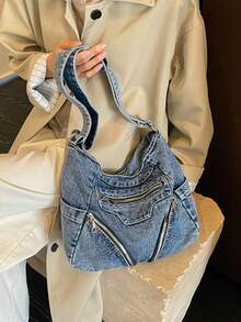 Korean Vintage Lazy Washed Denim Shoulder Bag For Women, Large Capacity Multi-Pocket Casual Distressed Crossbody Bag - Dusty Blue - View 5