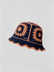1pc Vintage Hollow Crochet Bucket Hat For Women, Bohemian Knitted Floral Bucket Hat, Breathable Sun Hat For Travel, Beach And Vacation - Multicolor - View 3