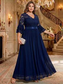 Plus Size V-Neck Floral Lace Ruffle Layered Sleeve Colorblock Chiffon Ruched Hem Formal Evening Party Dress, Suitable For Birthday, Homecoming Dance, Wedding Guest - Navy Blue - View 6