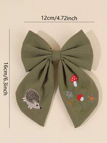 1pc Girls Bow Hair Clip, Olive Green Fabric Embroidered Hedgehog Mushroom Floral Decor Hairpin, Party & Daily Hair Accessory - Multicolor - View 7