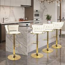 Nalupatio Set Of 4 Luxurious Bar Stools With Velvet Upholstery, Backrest & Footrest – Height Adjustable & Swivel, With Gold Metal Base - Beige - 4-piece Set - View 7