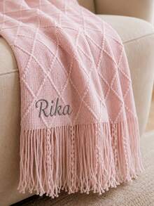 1PC Personalized Custom Name Embroidered Diamond Knit Throw Blanket With Tassel Fringe, 4 Colors Optional, Decorative Piece For Sofa Armchair Living Room, Ideal Holiday Birthday Gift For Family Members - Multicolor - View 7
