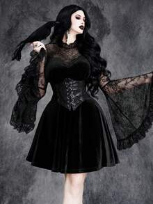 Women's Gothic Sexy Dark Vintage Halloween Witch Cosplay Lace Patchwork Velvet Elastic Dress - Black - View 1
