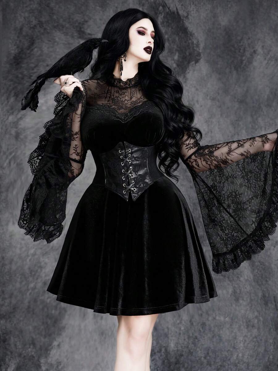 Women's Gothic Sexy Dark Vintage Halloween Witch Cosplay Lace Patchwork Velvet Elastic Dress - Black - View 1