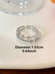 1pc Fashionable Exquisite Cubic Zirconia Starburst Faux Pearl Open Ring Suitable For Women's Daily Wear And Party - Silver - View 7