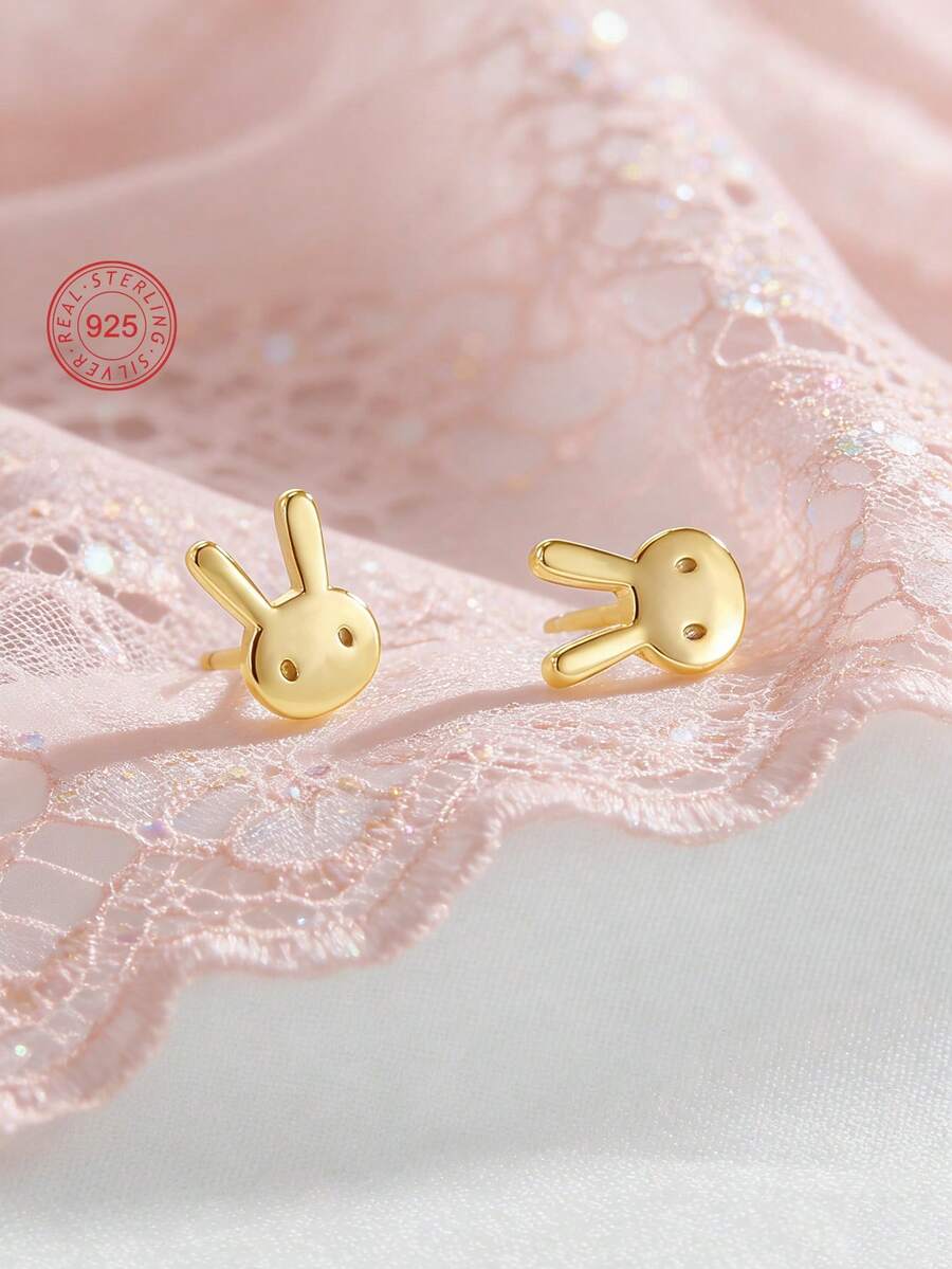 1 Pair 925 Sterling Silver Hypoallergenic Rabbit Stud Earrings, Cute & Delicate, Gift Box Packaging, Suitable For Daily Wear Or Holidays, Gift For Girls, Gift For Girl, Gift For Friends, Back To School Gift, Holiday Gift - one-size - View 1
