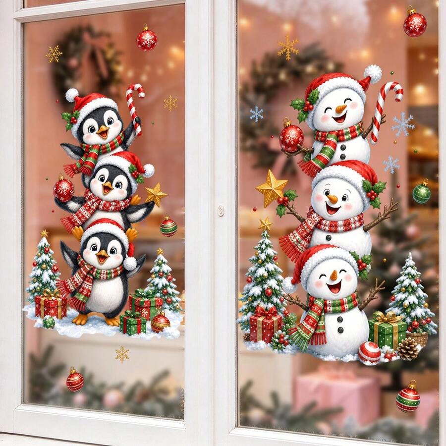 1/3pcs Cartoon Penguin & Snowman Layered Christmas Window Stickers, Double-Sided Visible PVC Static Cling Glass Decals, Suitable For Home, Classroom And Store Window Decoration - Multicolor - View 1