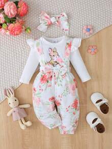 Baby Girl Romper Set Cartoon Rabbit Flutter Sleeve Bodysuit And Pants And Headband Autumn Pastoral Style Outfit - White - View 1