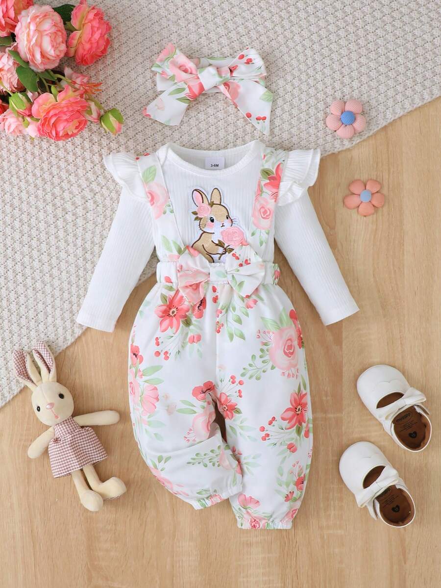 Baby Girl Romper Set Cartoon Rabbit Flutter Sleeve Bodysuit And Pants And Headband Autumn Pastoral Style Outfit - White - View 1