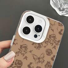 HANCAI 1pc Coffee Vintage Rose Butterfly Lace Large Window Phone Case, Artistic French ROSE English Full Coverage Shockproof Soft Shell, Suitable For IPhone17/17Pro/17ProMax/16/16Plus/16ProMax/16e/15ProMax/11/12/12Pro/12ProMax/13/13Pro/13ProMax/14/14Pro/14ProMax, Ins French Artistic Phone Protective Cover - White Frames, Matte White - View 5