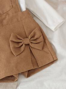 2pcs Baby Girl Solid Color Minimalist Long Sleeve Top & Corduroy Side Bow Split Strap Skort Set, Spring/Autumn Thin - White - View 9