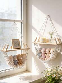 Kệ treo tường đan, kệ nổi phong cách Bohemian với giỏ lưới dây thừng cotton, kệ lưu trữ treo tường phù hợp cho búp bê, trái cây và rau củ, trang trí tường mộc mạc, phù hợp cho phòng ngủ, nhà bếp, phòng khách và phòng trẻ em - Xem 4