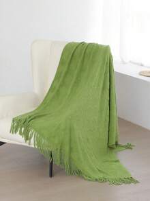 1pc Chain Pattern Rug, Nordic Style Acrylic Rectangular Solid Color Knitted Bed Blanket, Suitable For Home Daily, Office, Nap Use - Grass Green - View 4