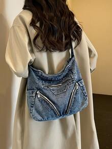 Korean Vintage Lazy Washed Denim Shoulder Bag For Women, Large Capacity Multi-Pocket Casual Distressed Crossbody Bag - Dusty Blue - View 10