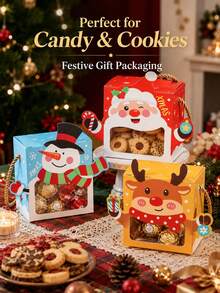 4pcs Reusable Christmas Gift Boxes, Portable Rope Handle Paper Boxes With Transparent Window, Cute Christmas Cartoon Pattern, Holiday Party Supplies, Suitable For Apples, Candies, Small Gift Packaging - Multicolor - View 4