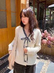 Women's Small Plaid Lace-Up Colorblock Knitted Sweater, V-Neck Single-Breasted Cable Knit Cardigan, Autumn/Winter New Style - White - View 2