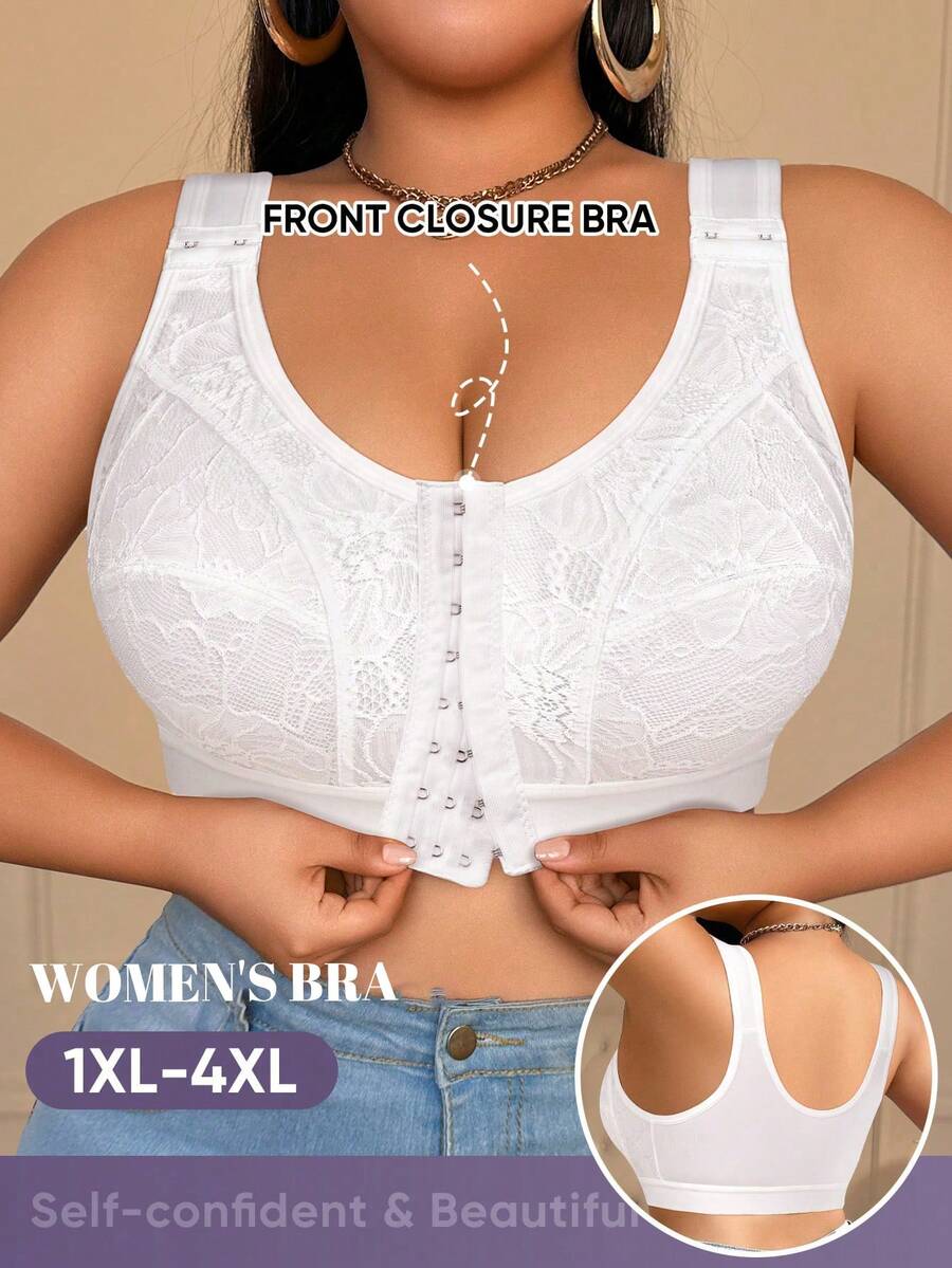 MEIYATING Plus Size Women Front Closure Floral Lace Adjustable Strap Minimizer Wireless Bra