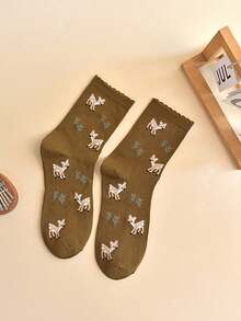 1/3 Pairs Deer Pattern Mid-Calf Socks, Casual Versatile Soft Women Crew Socks - Multicolor - View 5