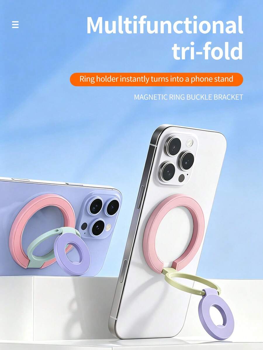 Tri‑Fold Magnetic Phone Ring Holder,360°Rotatable Alloy Finger Ring Kickstand,Multi‑Angle Desktop Stand Compatible With Magnetic Phone Cases - Multicolor - View 1