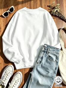 Women's Retro Street Style Loose Fit Cotton Crew Neck Sweatshirt With Cartoon Car Print And Portuguese Text, Breathable Casual - White - View 5