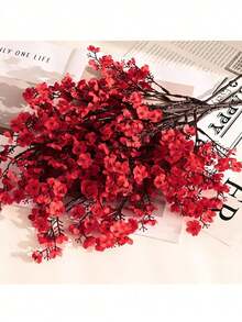 3pcs Christmas Artificial Red Plum Blossom 5-Pronged Faux Flowers, Suitable For Christmas Tree, Table Centerpiece Decoration, Holiday Party Decor, Winter Theme Party, Home Decor, Tabletop Vase - Multicolor - View 6