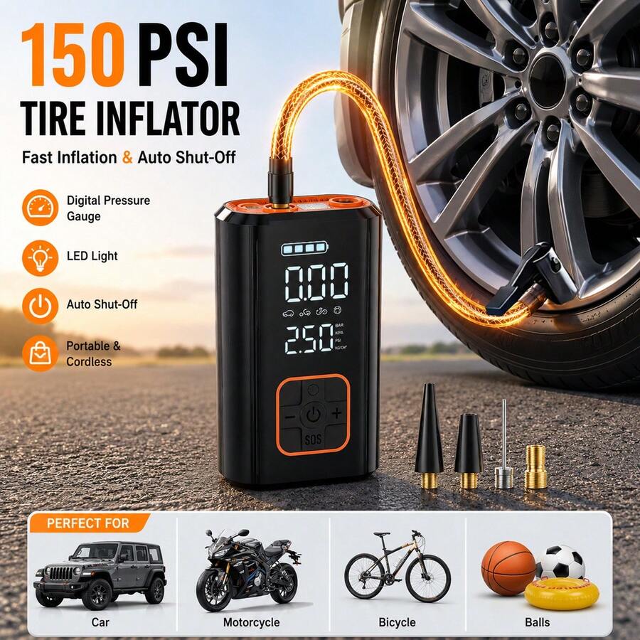 SUITU Car Tire Inflator, Portable Cordless Air Compressor, Rechargeable Electric Tire Pump With Digital Display, Led Light & Auto Shut-Off, Fast Inflation For Cars, Motorcycles, Bicycles And Sports Balls. 7.4V 1500mAh - Wireless - View 1