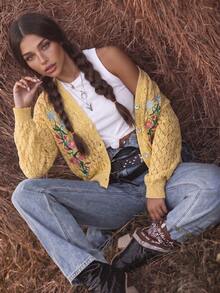 Bohemian Floral Embroidered Hollow Knit Cardigan, Casual Autumn, Lightweight Knit, Pumpkin Patch Outfit - Yellow - View 6