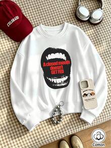 Street Style Loose Fit Crew Neck Sweatshirt With Lip Print And Letter Graphic For Young Adults, Breathable Cotton Casual Pullover For - White - View 4