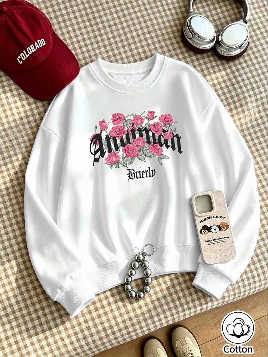American Retro Street Style Pink Rose Floral Print Gothic Letter Graphic Drop Shoulder Long Sleeve Crew Neck Pullover - White - View 1