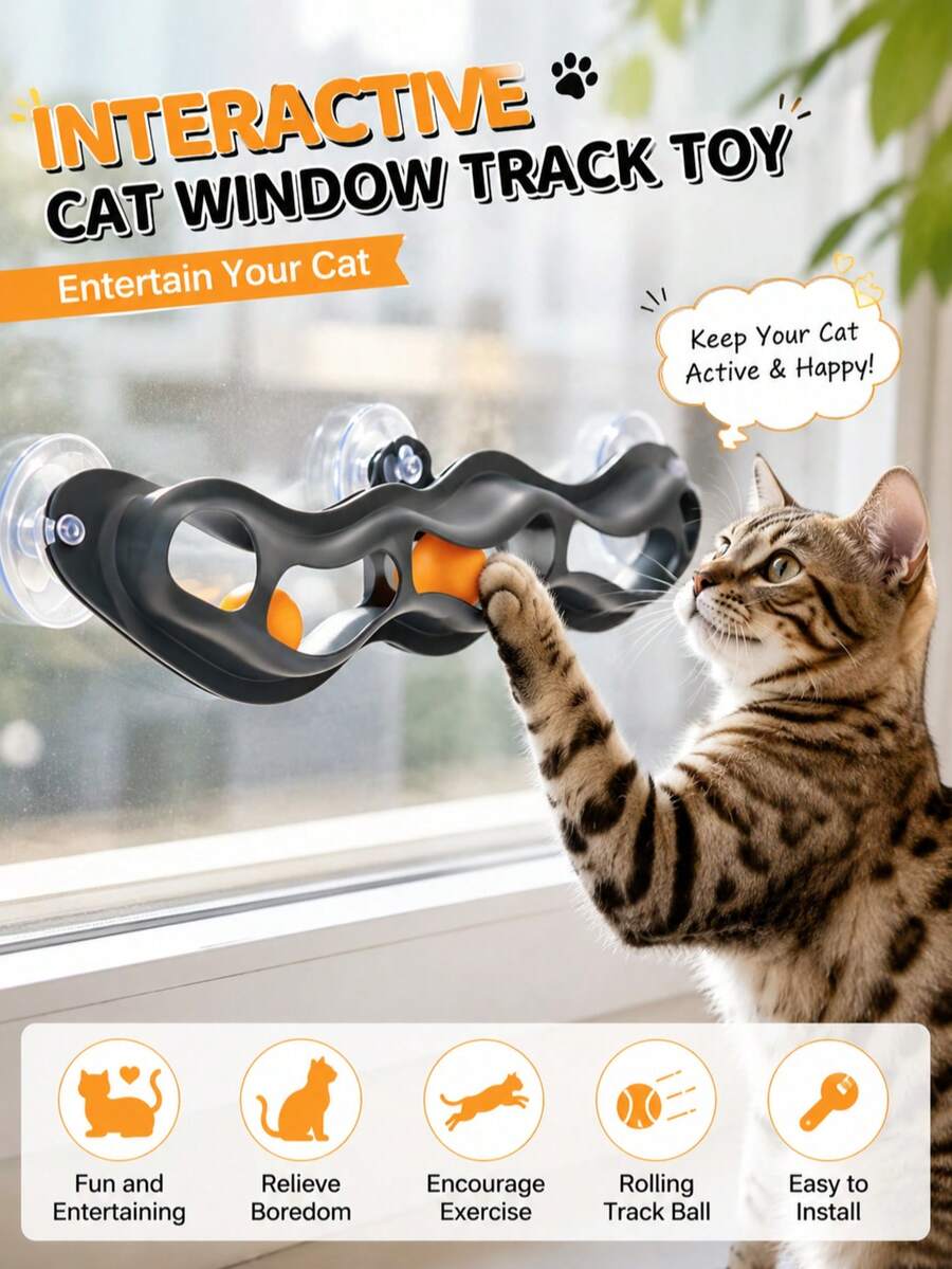 Interactive Cat Toy Window/Wall Cat Track, Fun Entertainment Toy With Suction Cups, Wavy Ping Pong Ball Track, Curved Ball Track, 3 Suction Cups, 2 Balls, Cat Toy Set, Silent Design, Can Be Attached To Smooth Surfaces