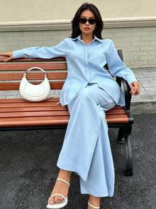 DEEKA 女款春夏/秋冬百搭修身純色優雅襯衫與寬鬆百褶長褲兩件套 - 藍色 - 查看 3