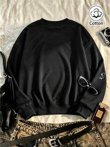 Street Style Black Round Neck Pullover Sweatshirt With BRAND Letter Print, Planet Graphic & Chain Detail For Young Adults, Loose Fit, - Black - View 6