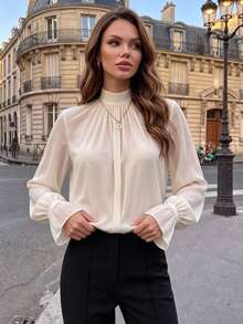 Solid Color Elegant Women's Ruffle Casual Sophisticated Lady Style Blouse, Autumn Lantern Puff Long Sleeve Mature Workplace French Chiffon Ruched Stand Collar Commute Shirt - White - View 5